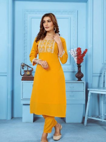 FANCY RINKAL COTTON EMBROIDERY WORK TOP PENT SET YELLOW