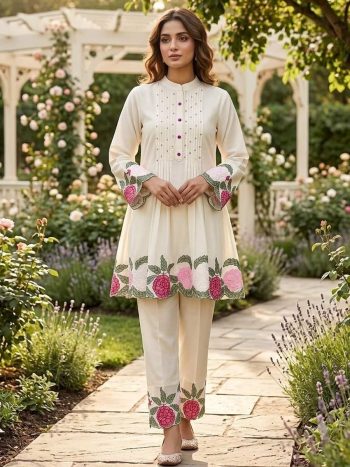 FANCY ROMAN EMBROIDERY  WORK CO-ORD SET OFF WHITE