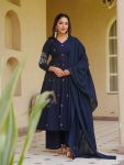 FANCY ROMAN SILK EMBROIDERY WORK GOWN PALAZZO WITH DUPATTA NAVY BLUE