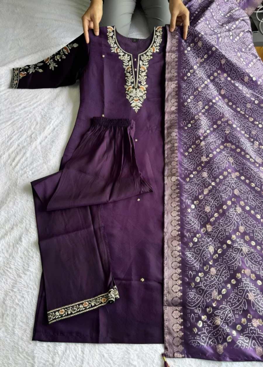 FANCY ROMAN SILK EMBROIDERY WORK TOP BOTTOM WITH DUPATTA FESTIVE WEAR WHOLESALE PRICE ETHNIC GARMENT (1)