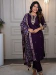FANCY ROMAN SILK EMBROIDERY WORK TOP BOTTOM WITH DUPATTA PURPLE