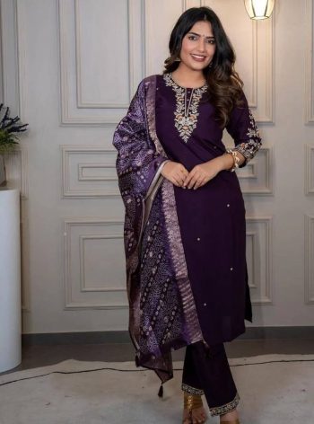 FANCY ROMAN SILK EMBROIDERY WORK TOP BOTTOM WITH DUPATTA PURPLE