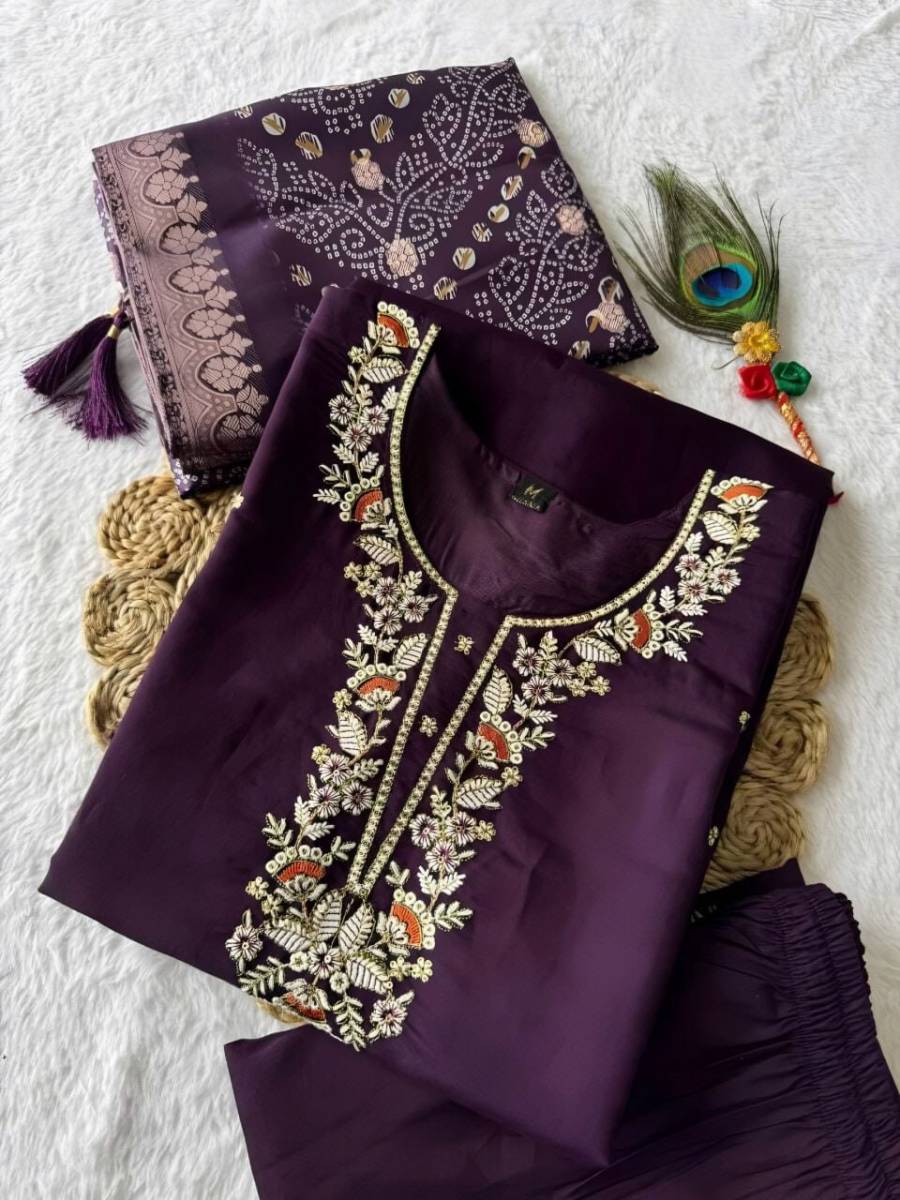 FANCY ROMAN SILK EMBROIDERY WORK TOP BOTTOM WITH DUPATTA FESTIVE WEAR WHOLESALE PRICE ETHNIC GARMENT (8)