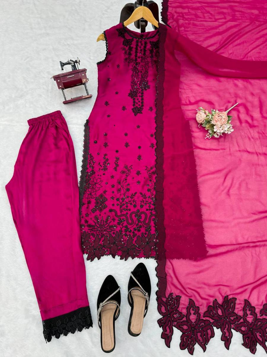 FANCY ROMAN SILK THREAD & SEQUENCE WORK TOP BOTTOM WITH DUPATTA FESTIVE WEAR WHOLESALE PRICE ETHNIC GARMENT (11)
