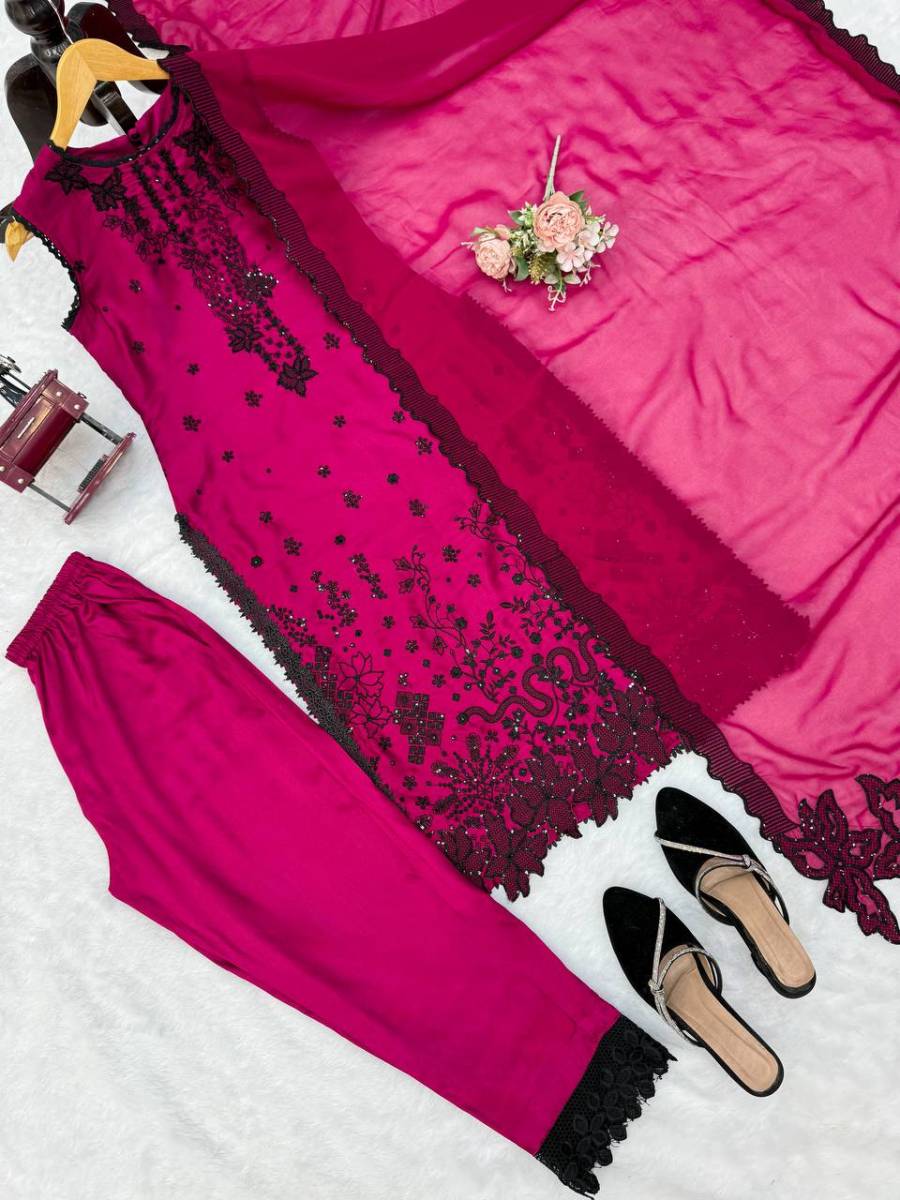 FANCY ROMAN SILK THREAD & SEQUENCE WORK TOP BOTTOM WITH DUPATTA FESTIVE WEAR WHOLESALE PRICE ETHNIC GARMENT (14)