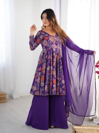 FANCY RROMAN SILK DISCHARGE PRINTING WORK KEDIYA STYLE TOP PALAZZO WITH DUPATTA PURPLE