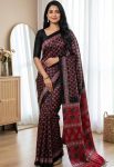 FANCY SATIN AJARAKH PRINT WITH REAL MIRROR WORK SAREE WITH UNSTITCHED BLOUSE BLACK AND RED