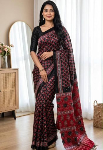 FANCY SATIN AJARAKH PRINT WITH REAL MIRROR WORK SAREE WITH UNSTITCHED BLOUSE BLACK AND RED