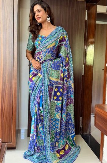 FANCY SILK DIGITAL PRINTED WITH REAL MIRROR & AARI WORK SAREE WITH UNSTITCHED BLOUSE BLUE