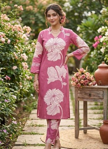 FANCY SLUB COTTON PRINTED WORK TOP PENT SET PINK