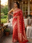 FANCY SOFT SILK ZARI WOVEN WORK SAREE WITH UNSTITCHED BLOUSE RED