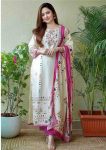 FESTIVAL WEAR MUSLIN PRINT WITH HANDWORK AND SEQUENCE WORK TOP BOTTOM WITH DUPATTA WHITE WITH PINK
