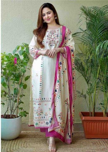 FESTIVAL WEAR MUSLIN PRINT WITH HANDWORK AND SEQUENCE WORK TOP BOTTOM WITH DUPATTA WHITE WITH PINK