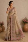 GEORGEOUS LINEN COTTON SILK DIGITAL PRINT AND KHATLI CUT DANA WORK SAREE WITH UNSTITCHED BLOUSE CREAM