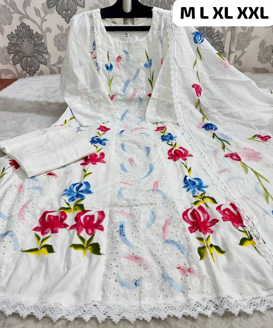 LATEST COTTON SCHIFFLI WITH CROSIA LACE WORK TOP BOTTOM WITH DUPATTA CASUAL WEAR WHOLESALE PRICE ETHNIC GARMENT (10)