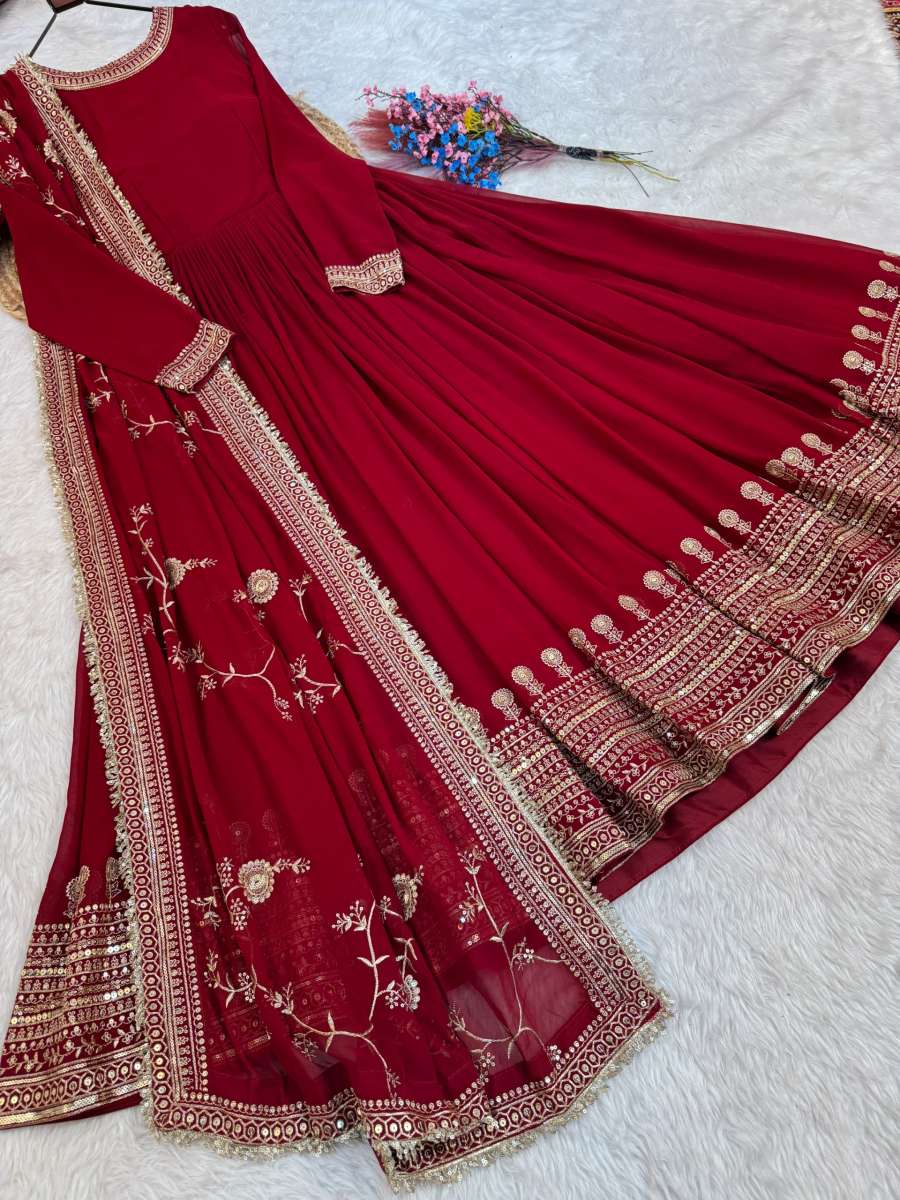 LATEST FAUX BLOOMING EMBROIDERY ZARI SEQUENCE WORK GOWN WITH DUPATTA WEDDING WEAR WHOLESALE PRICE ETHNIC GARMENT (1)