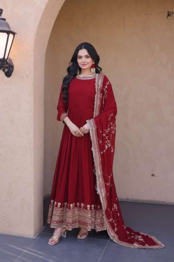 LATEST FAUX BLOOMING EMBROIDERY ZARI SEQUENCE WORK GOWN WITH DUPATTA  RED