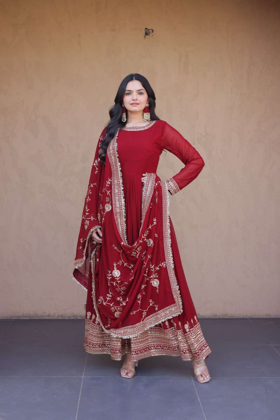 LATEST FAUX BLOOMING EMBROIDERY ZARI SEQUENCE WORK GOWN WITH DUPATTA WEDDING WEAR WHOLESALE PRICE ETHNIC GARMENT (8)
