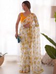 LATEST HEAVY CHIFFON LACE BORDER SAREE WITH UNSTITCHED BLOUSE YELLOW