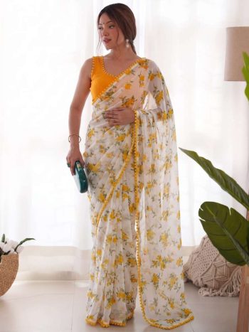 LATEST HEAVY CHIFFON LACE BORDER SAREE WITH UNSTITCHED BLOUSE YELLOW