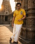 LATEST SOFT COTTON FLOWER BEAUTIFUL  PRINTED WORK SHIRT WITH DHOTI YELLOW