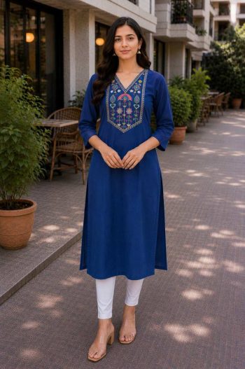 LATEST TESLA COTTON EMBROIDERY WORK KURTI BLUE