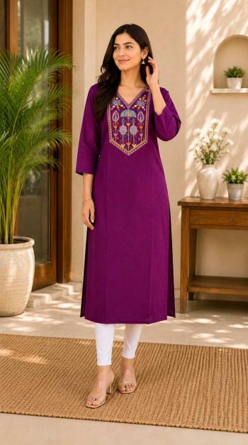 LATEST TESLA COTTON EMBROIDERY WORK KURTI WINE