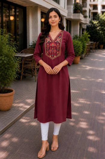 LATEST TESLA COTTON EMBROIDERY WORK KURTI MAROON
