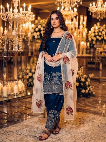 LUXURY FENDY SILK EMBROIDERY SEQUENCE WORK AND RIVET MOTI WORK  TOP PALAZZO WITH DUPATTA BLUE