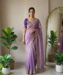 LUXURY FENDY SATIN SILK EMBROIDERY WITH CUTWORK BORDER SAREE WITH UNSTITCHED BLOUSE LAVENDER