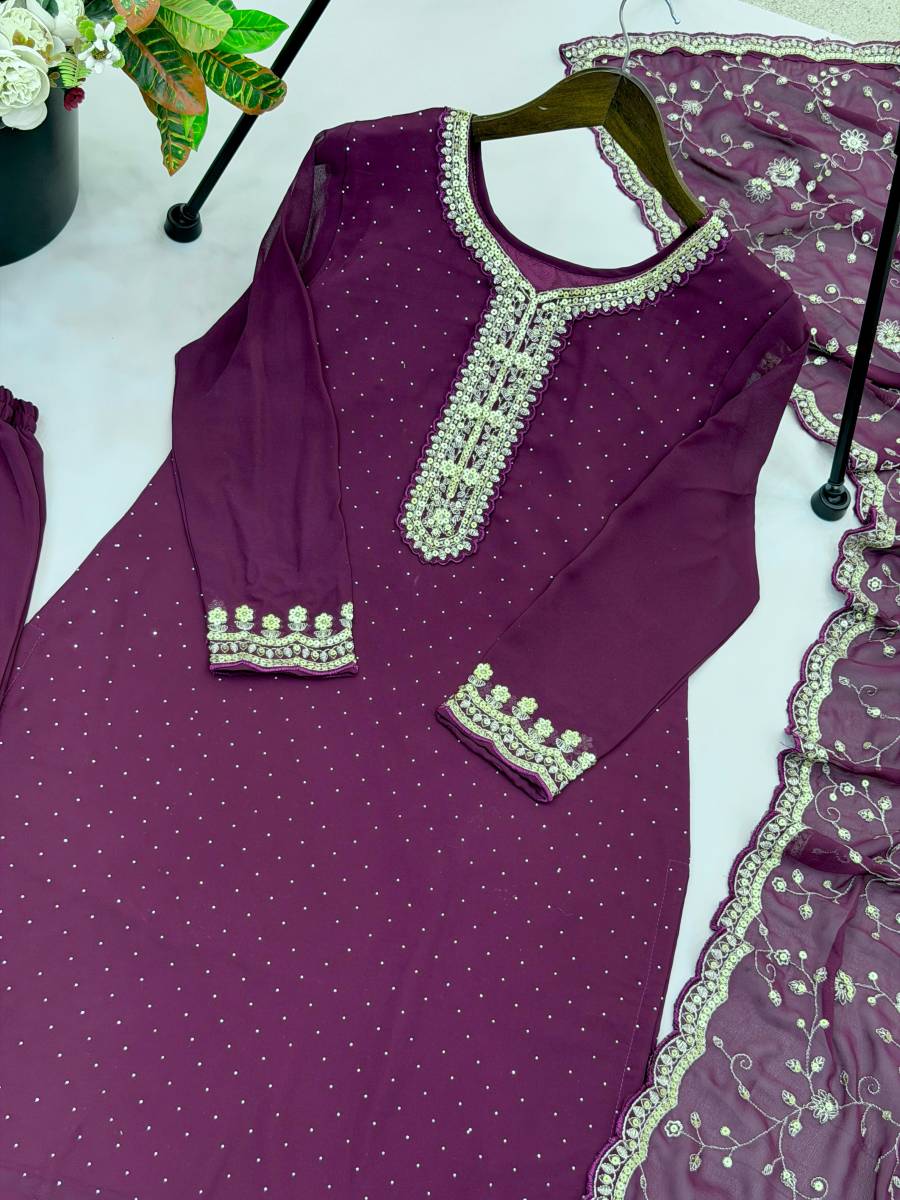 LUXURY GEORGETTE EMBROIDERY SEQUENCE WITH SWAROVSKI DIAMOND WORK TOP BOTTOM WITH DUPATTA FESTIVAL WEAR WHOLESALE PRICE ETHNIC GARMENT (9)
