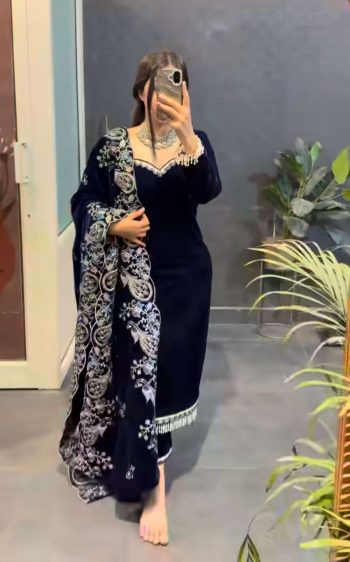 LUXURY HEAVY VISCOUS VELVET EMBROIDERY CODING SEQUENCE WORK TOP BOTTOM WITH DUPATTA BLACK