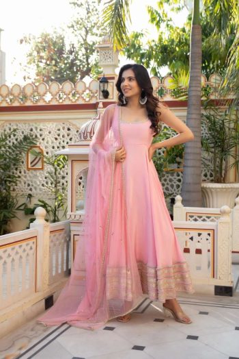 LUXURY NATURAL CREPE CODEING DORI WITH MOTI WORK WITH LACE WORK GOWN BOTTOM WITH DUPATTA BABY PINK