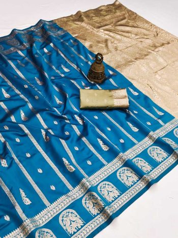 MODERN BANARASI SILK FLOWERS AND MINA , ZARI WEAVING RICH PALLU & BORDER WORK SAREE WITH UNSTITCHED BLOUSE BLUE