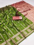 MODERN BANARASI SILK FLOWERS AND MINA , ZARI WEAVING RICH PALLU & BORDER WORK SAREE WITH UNSTITCHED BLOUSE PARROT GREEN