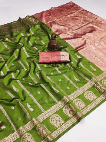 MODERN BANARASI SILK FLOWERS AND MINA , ZARI WEAVING RICH PALLU & BORDER WORK SAREE WITH UNSTITCHED BLOUSE PARROT GREEN