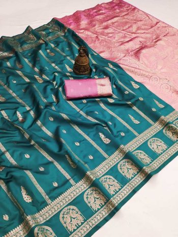 MODERN BANARASI SILK FLOWERS AND MINA , ZARI WEAVING RICH PALLU & BORDER WORK SAREE WITH UNSTITCHED BLOUSE RAMA
