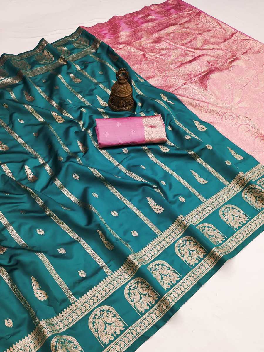 MODERN BANARASI SILK FLOWERS AND MINA , ZARI WEAVING RICH PALLU & BORDER WORK SAREE WITH UNSTITCHED BLOUSE FESTIVE WEAR WHOLESALE PRICE ETHNIC GARMENT (3)