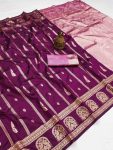 MODERN BANARASI SILK FLOWERS AND MINA , ZARI WEAVING RICH PALLU & BORDER WORK SAREE WITH UNSTITCHED BLOUSE WINE