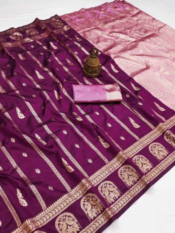 MODERN BANARASI SILK FLOWERS AND MINA , ZARI WEAVING RICH PALLU & BORDER WORK SAREE WITH UNSTITCHED BLOUSE WINE