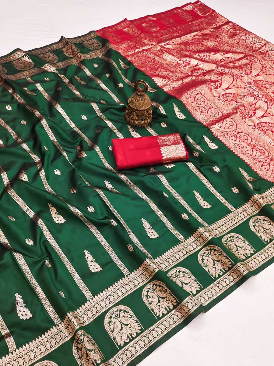 MODERN BANARASI SILK FLOWERS AND MINA , ZARI WEAVING RICH PALLU & BORDER WORK SAREE WITH UNSTITCHED BLOUSE FESTIVE WEAR WHOLESALE PRICE ETHNIC GARMENT (6)