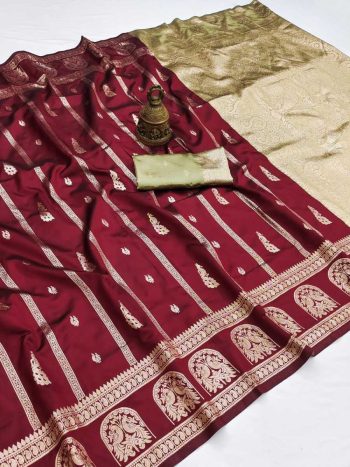 MODERN BANARASI SILK FLOWERS AND MINA , ZARI WEAVING RICH PALLU & BORDER WORK SAREE WITH UNSTITCHED BLOUSE MAROON