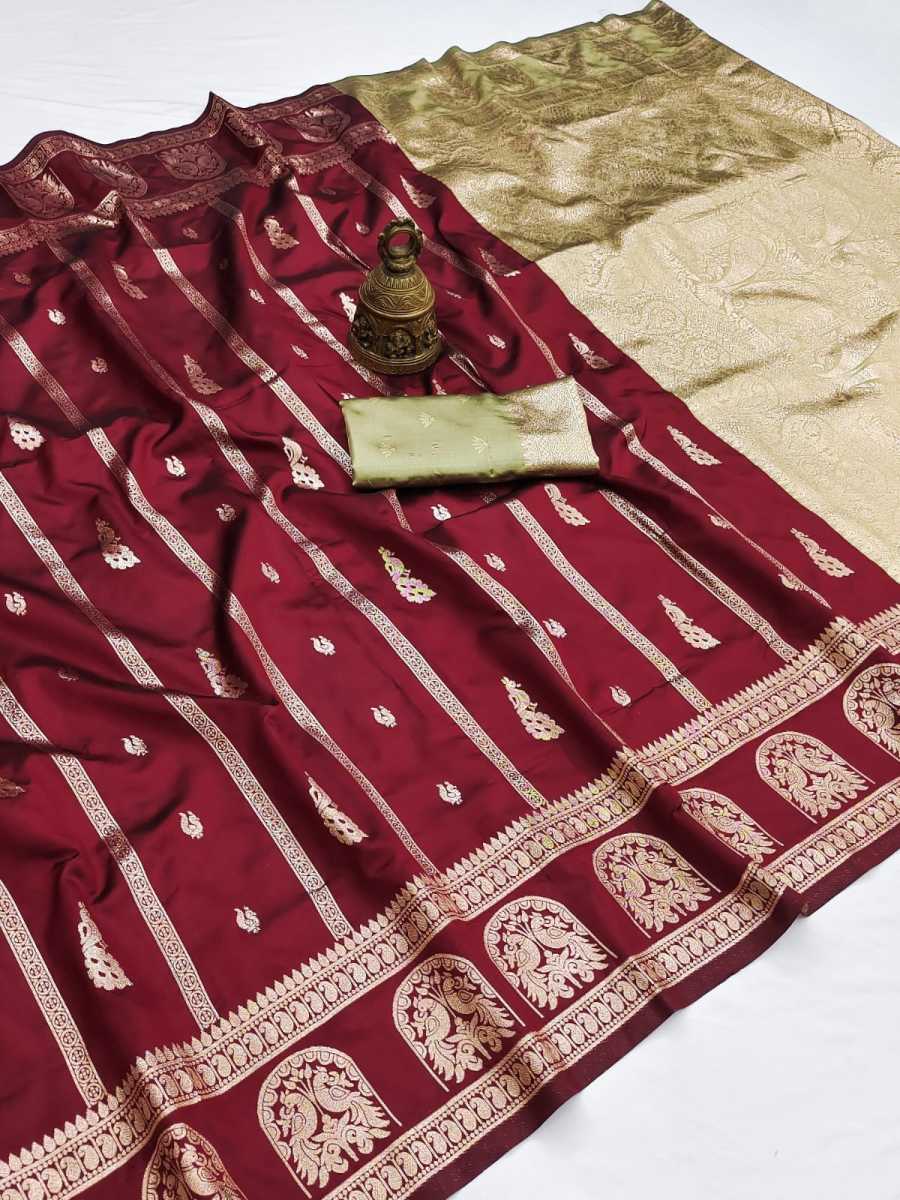 MODERN BANARASI SILK FLOWERS AND MINA , ZARI WEAVING RICH PALLU & BORDER WORK SAREE WITH UNSTITCHED BLOUSE FESTIVE WEAR WHOLESALE PRICE ETHNIC GARMENT (7)