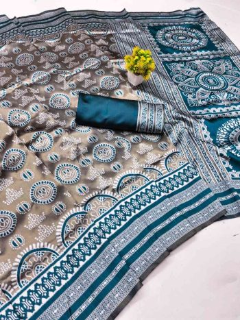 MODERN BANARASI SILK WEAVING WORK SAREE WITH UNSTITCHED BLOUSE TEAL