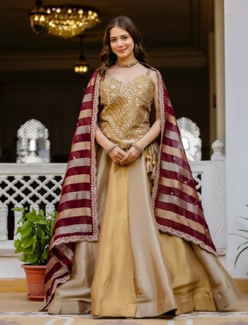 MODERN BANARASI VISCOSE KALI PATTERN LEHENGA WITH REAL MIRROR HANDWORK BLOUSE AND DUPATTA  GOLD AND MAROON