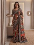 MODERN CHINON DIGITAL AJRAK PRINT WITH REAL MIRROR WORK SAREE WITH UNSTITCHED BLOUSE BLACK AND ORANGE