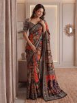 MODERN CHINON DIGITAL AJRAK PRINT WITH REAL MIRROR WORK SAREE WITH UNSTITCHED BLOUSE PARTY WEAR WHOLESALE PRICE ETHNIC GARMENT (36)