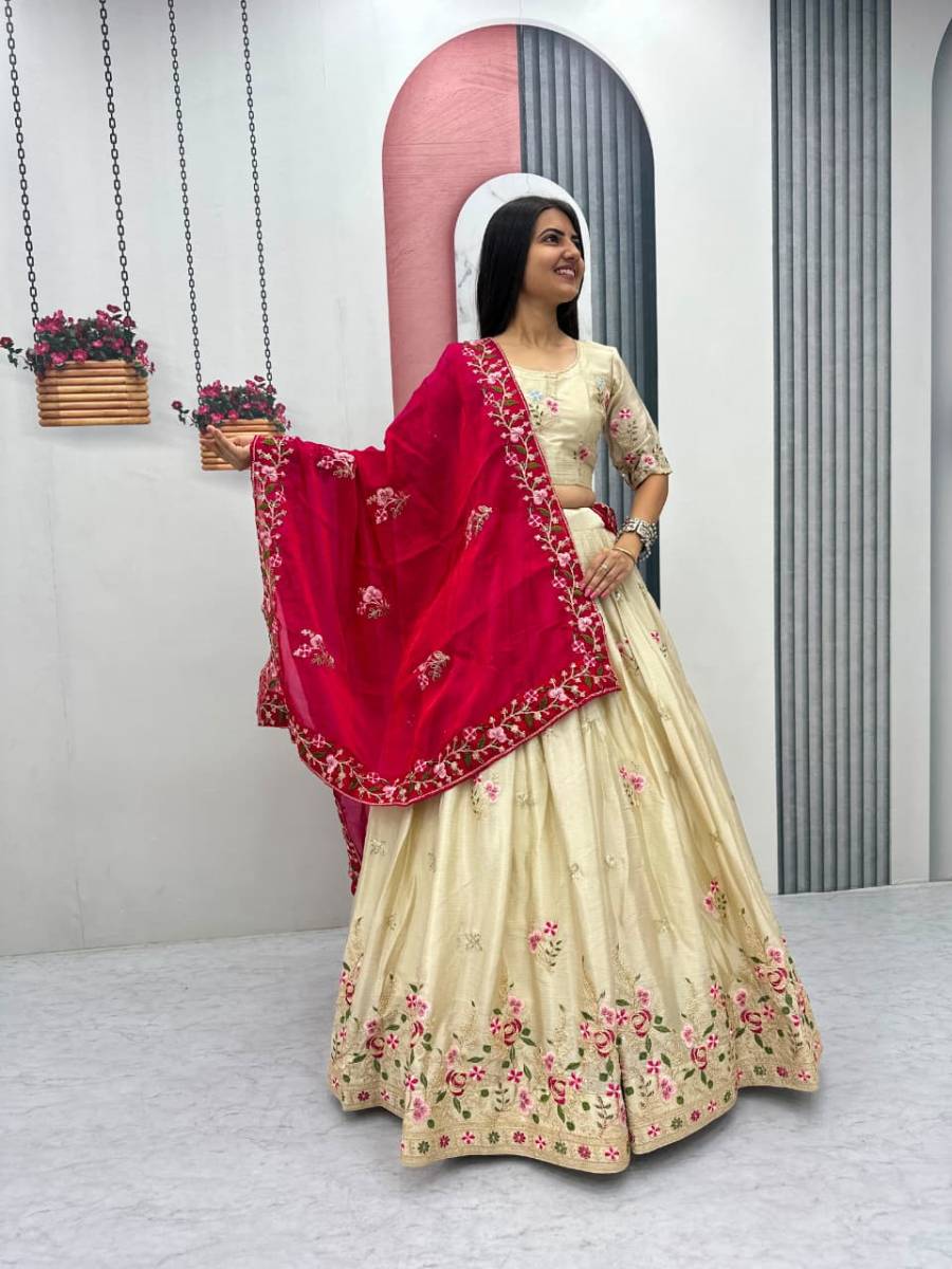 MODERN CHINON EMBROIDERY THREAD & SEQUENCE WORK LEHENGA CHOLI WITH DUPATTA WEDDING WEAR WHOLESALE PRICE ETHNIC GARMENT (8)