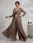 MODERN CHINON PLAIN BLOUSE WITH SEQUENCE EMBROIDERY WORK PALAZZO AND KOTI BROWN