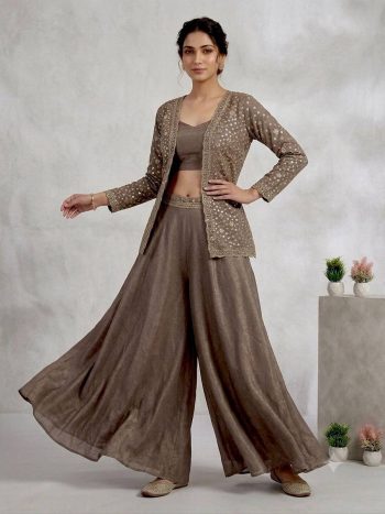 MODERN CHINON PLAIN BLOUSE WITH SEQUENCE EMBROIDERY WORK PALAZZO AND KOTI BROWN